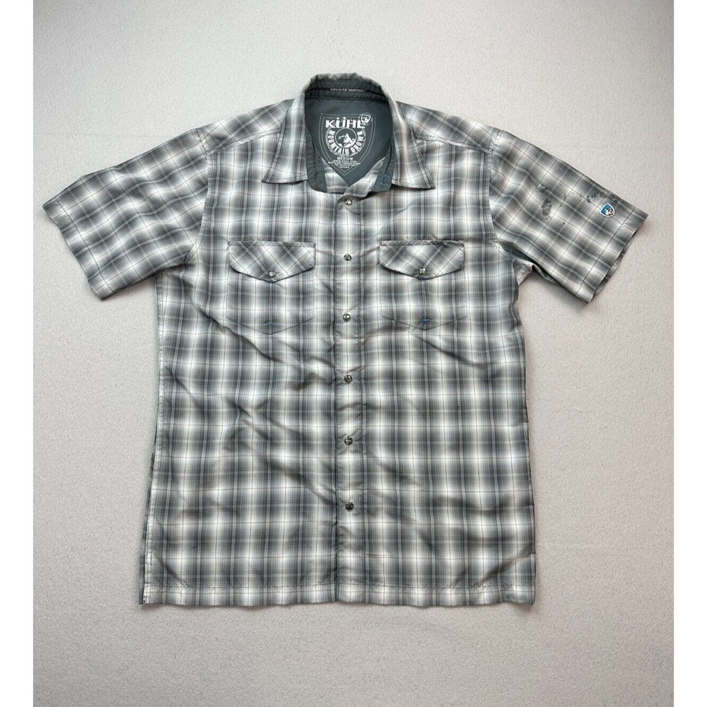 Kuhl Shirt Mens Medium Gray Plaid Short Sleeve Snap Button Outdoor Hiking Logo